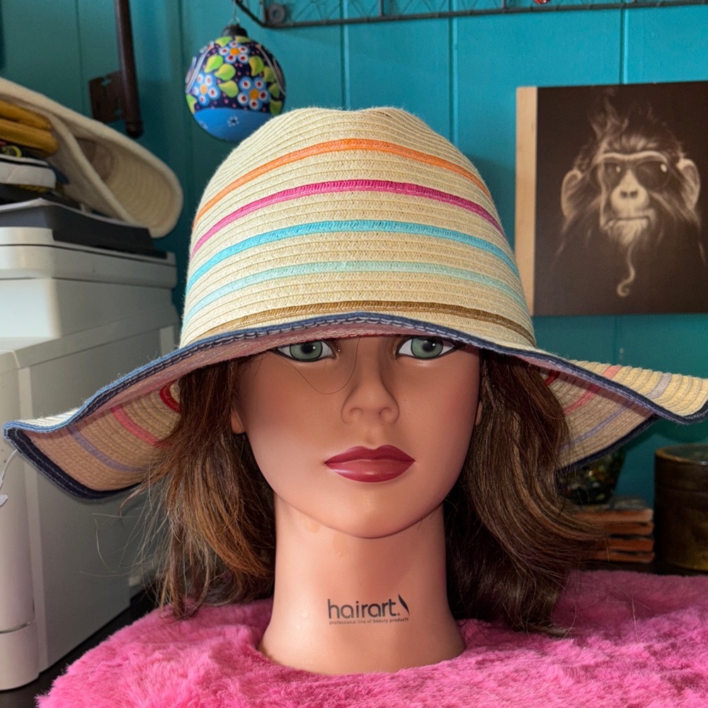 NWT MUDD JEANS Multicolored striped woven sun hat 57 cm. Has navy blue,